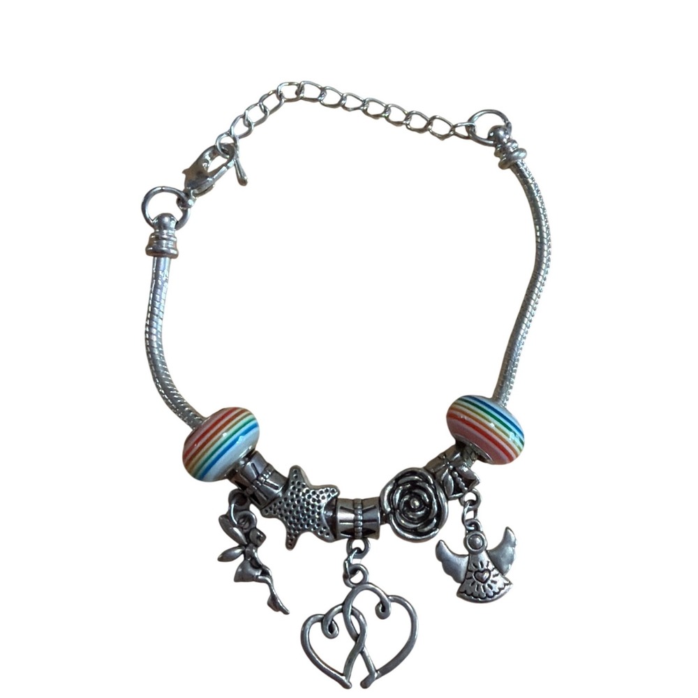 Silver Tone Charm Bracelet Fairy Angel Hearts Star Rainbow Beads Whimsical  1047